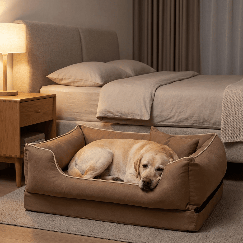 Cozy labrador resting on Puddle-Proof Fortress Dog Bed in a stylish bedroom setting.