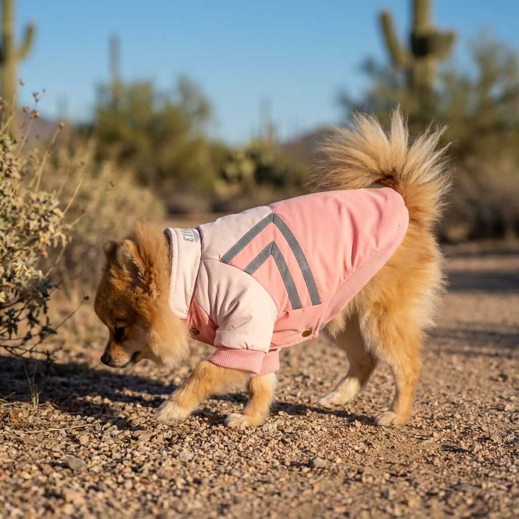Puppy Reflective Strip Winter Dog Coat on a Pomeranian, featuring breathable fabric and lightweight design for dogs.
