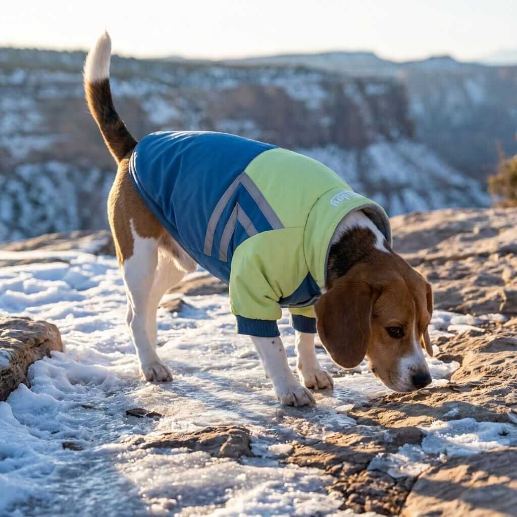 Puppy Reflective Strip Winter Dog Coat on a Beagle, featuring breathable fabric and lightweight design for dogs.