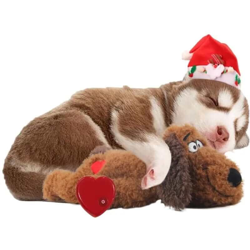 Puppy Soothing Heartbeat Plush Toy with a puppy peacefully sleeping and cuddling the toy, perfect for comforting dogs.