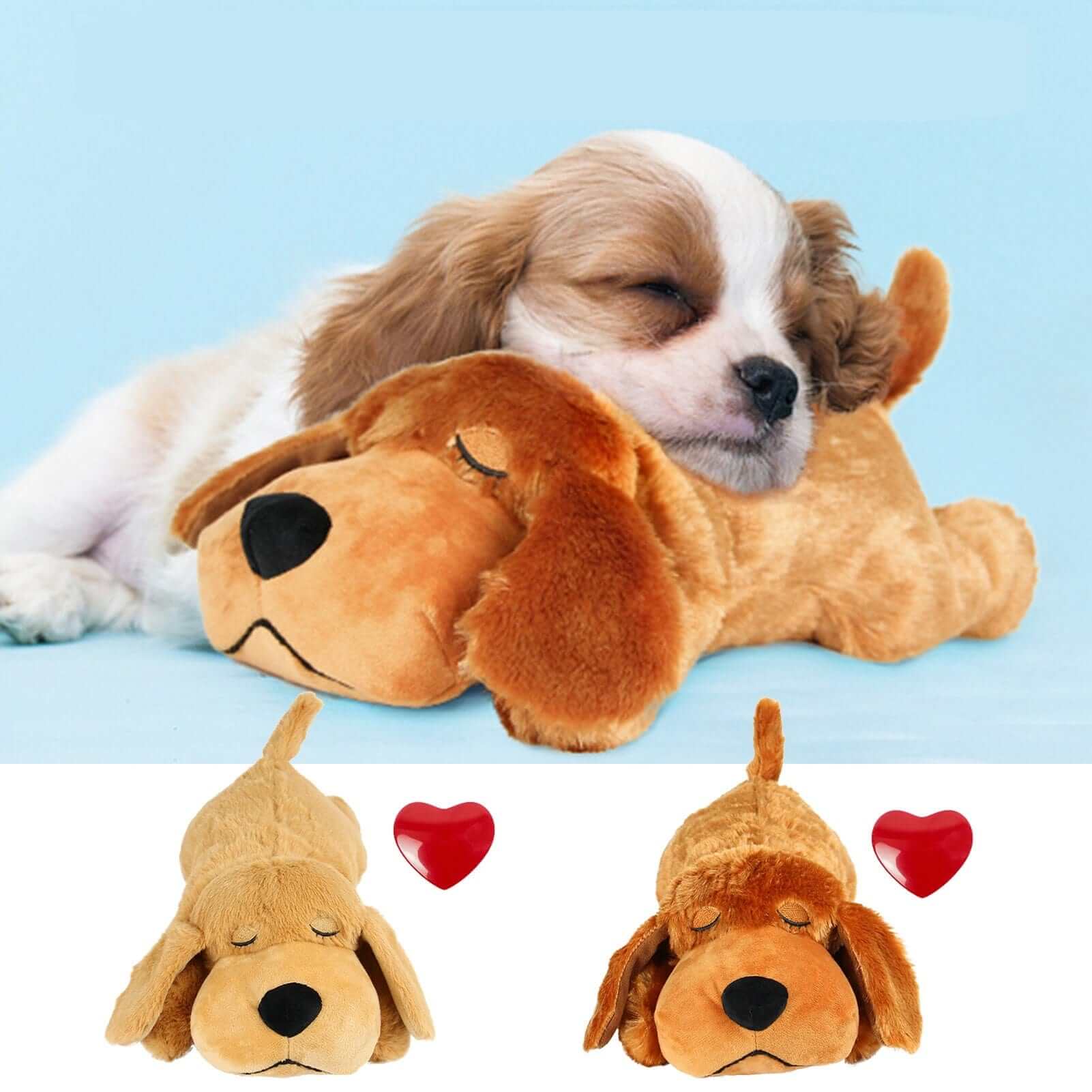 Puppy Soothing Heartbeat Plush Toy with a puppy resting on it, featuring a calming heartbeat sound, perfect for dogs and cats.