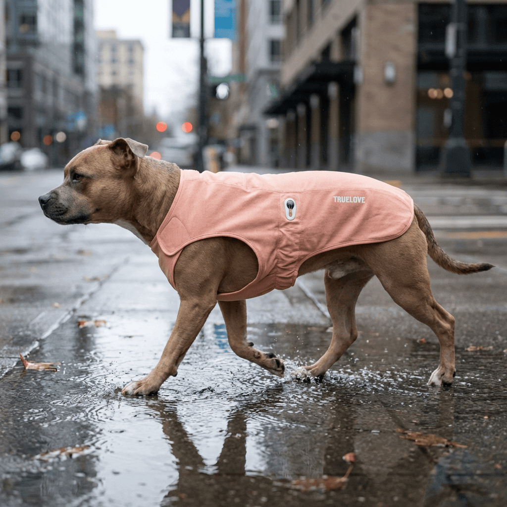 PureGuard Antibacterial Comfort Coat on a dog walking in the rain, lightweight and breathable for outdoor adventures with Dogs & Cats.