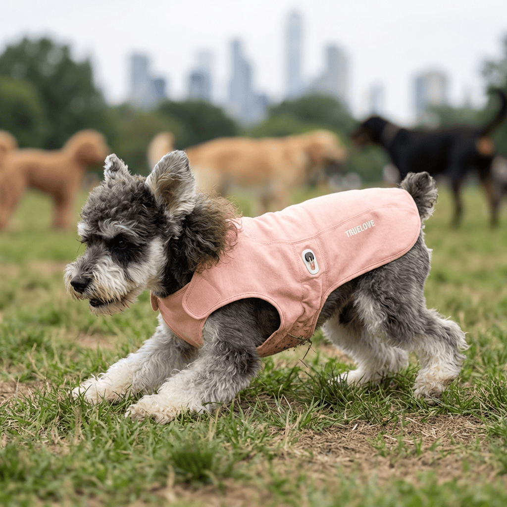 Dog wearing PureGuard Antibacterial Comfort Coat in a park, showcasing breathable protection and freedom of movement.