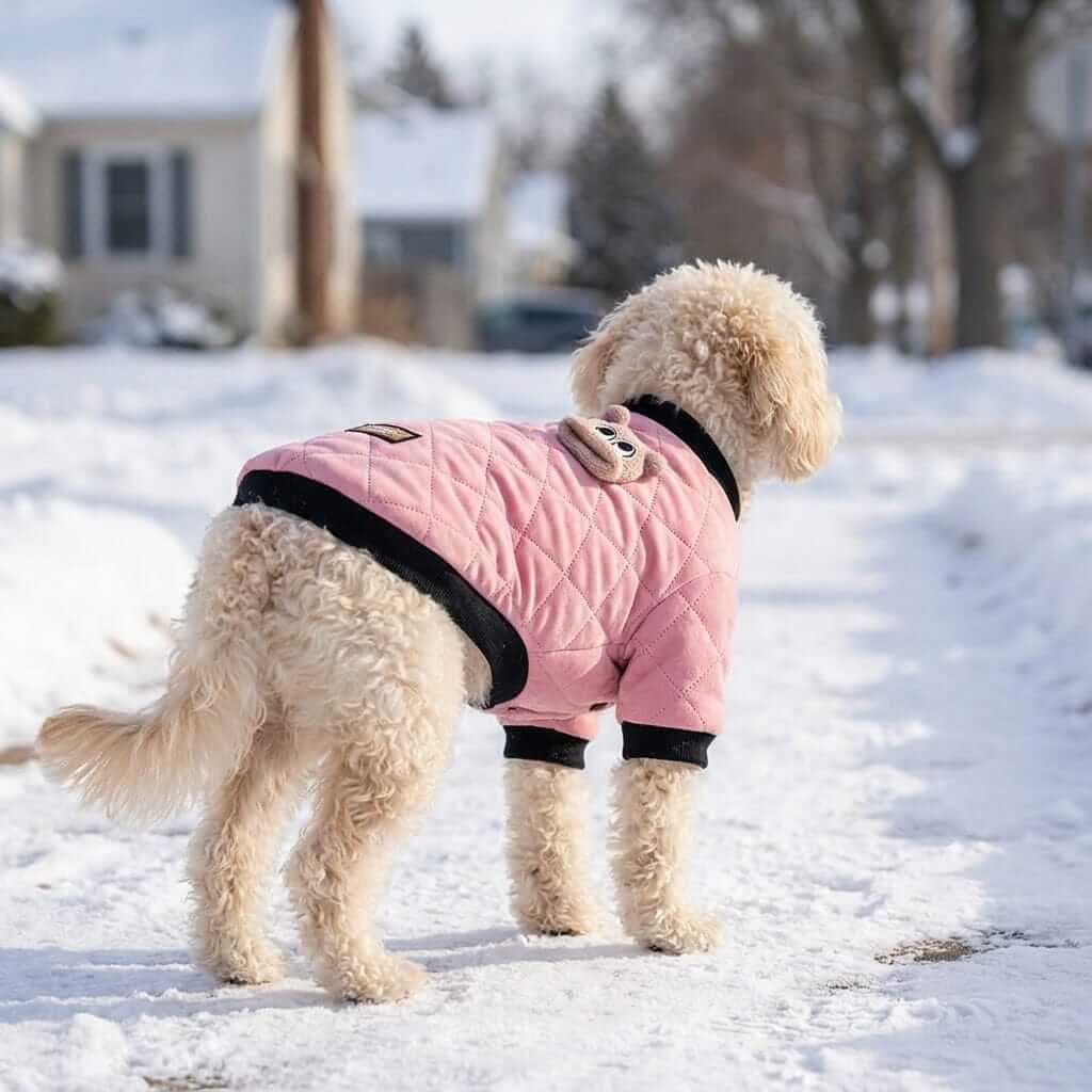 Purfect Touch Quilted Winter Dog Coat on a fluffy dog in snow, featuring breathable fabric and lightweight comfort.