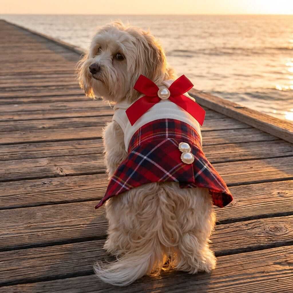Queen Of Peals Plaid Skirt Dress for dogs, featuring plaid pattern, bowknot, pearls, lightweight design by Dogs & Cats.