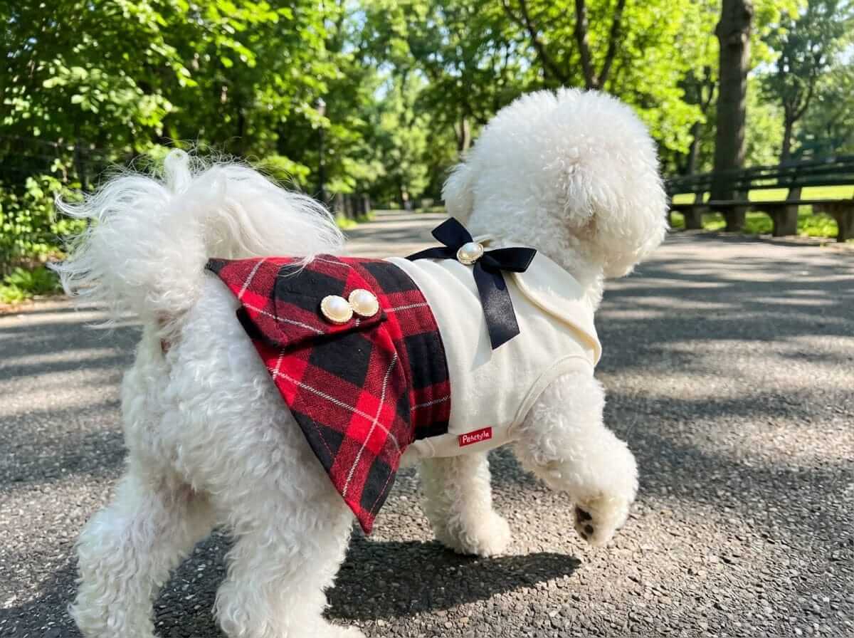 Queen Of Peals Plaid Skirt Dress for dogs, featuring plaid pattern, bowknot, pearls, lightweight fabric from Dogs & Cats.