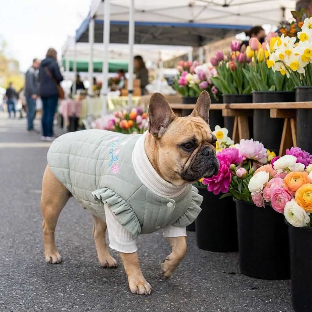 Quilted Embroidered Floral Winter Coat for dogs features lightweight design in a floral pattern, perfect for winter outings.
