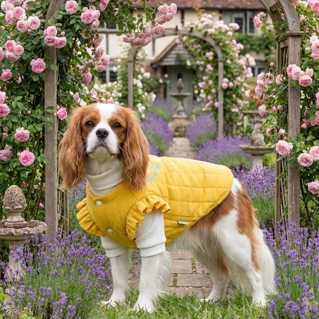 Quilted Embroidered Floral Winter Coat on a dog in a garden with flowers and lavender, by Dogs & Cats.
