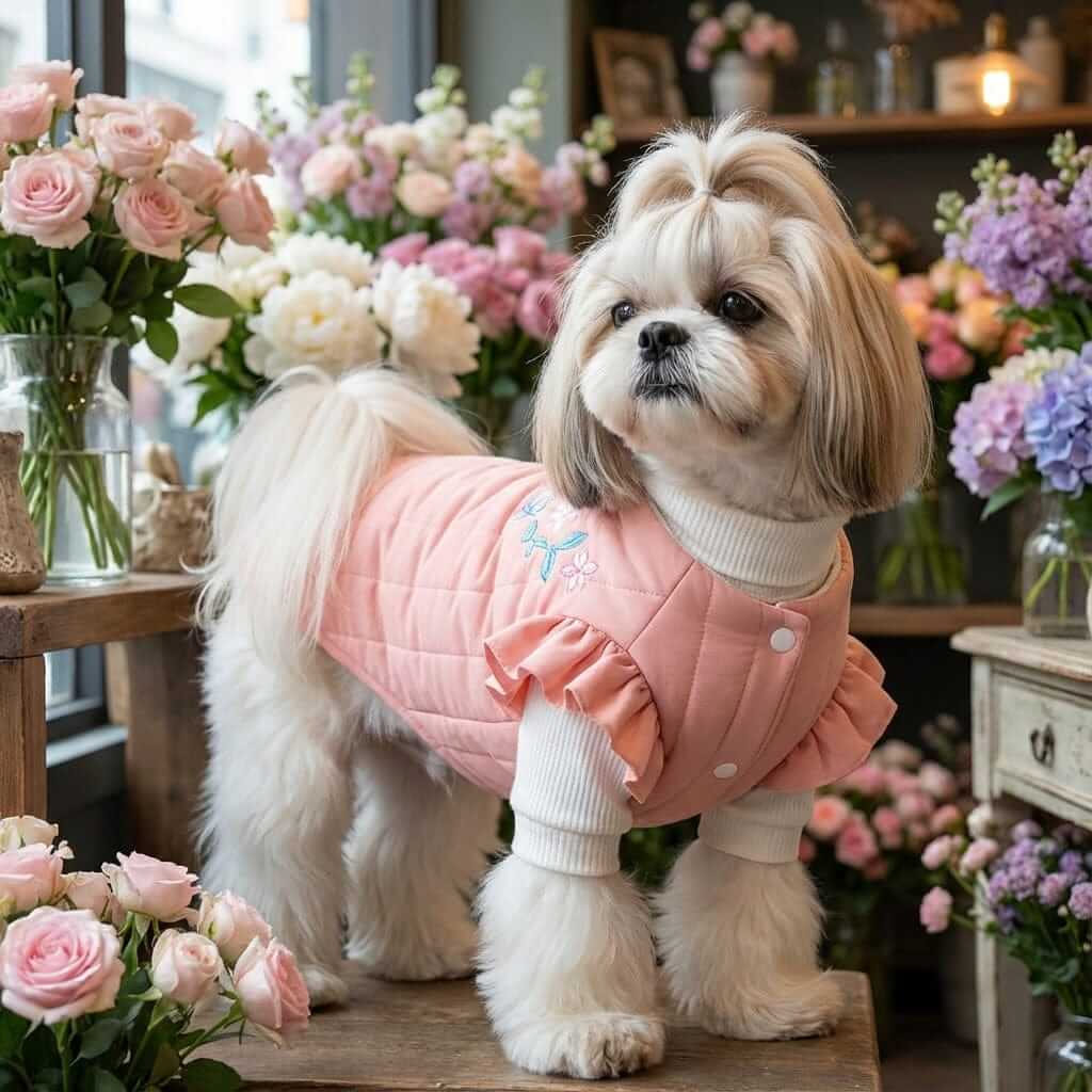Quilted Embroidered Floral Winter Coat for dogs, featuring a lightweight design and elegant embroidery from Dogs & Cats brand.