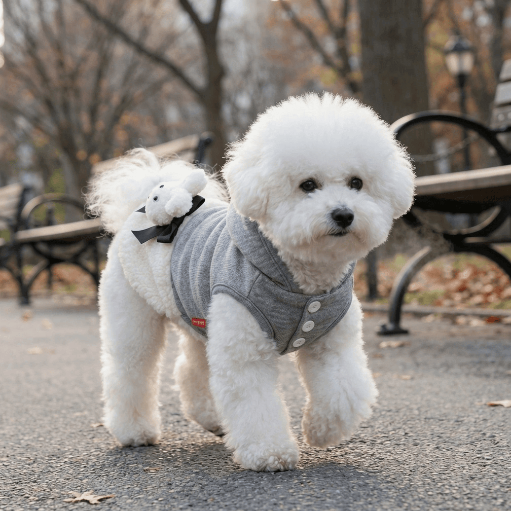 Rabbit Cuteness Wool Dog Sweater on a fluffy dog in a park showcasing its breathable fabric and lightweight feel.