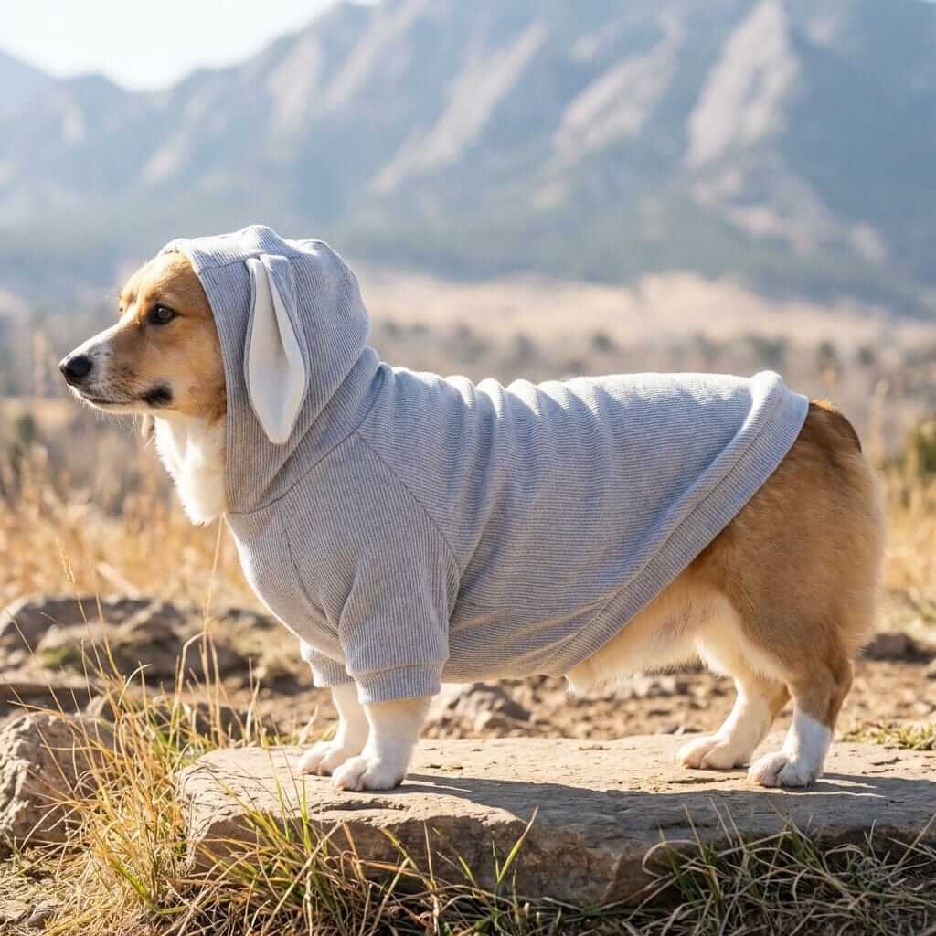 Rabbit Ears Dog Hoodie on a Corgi enjoying the outdoors, featuring a comfortable fit and stylish design for dogs.