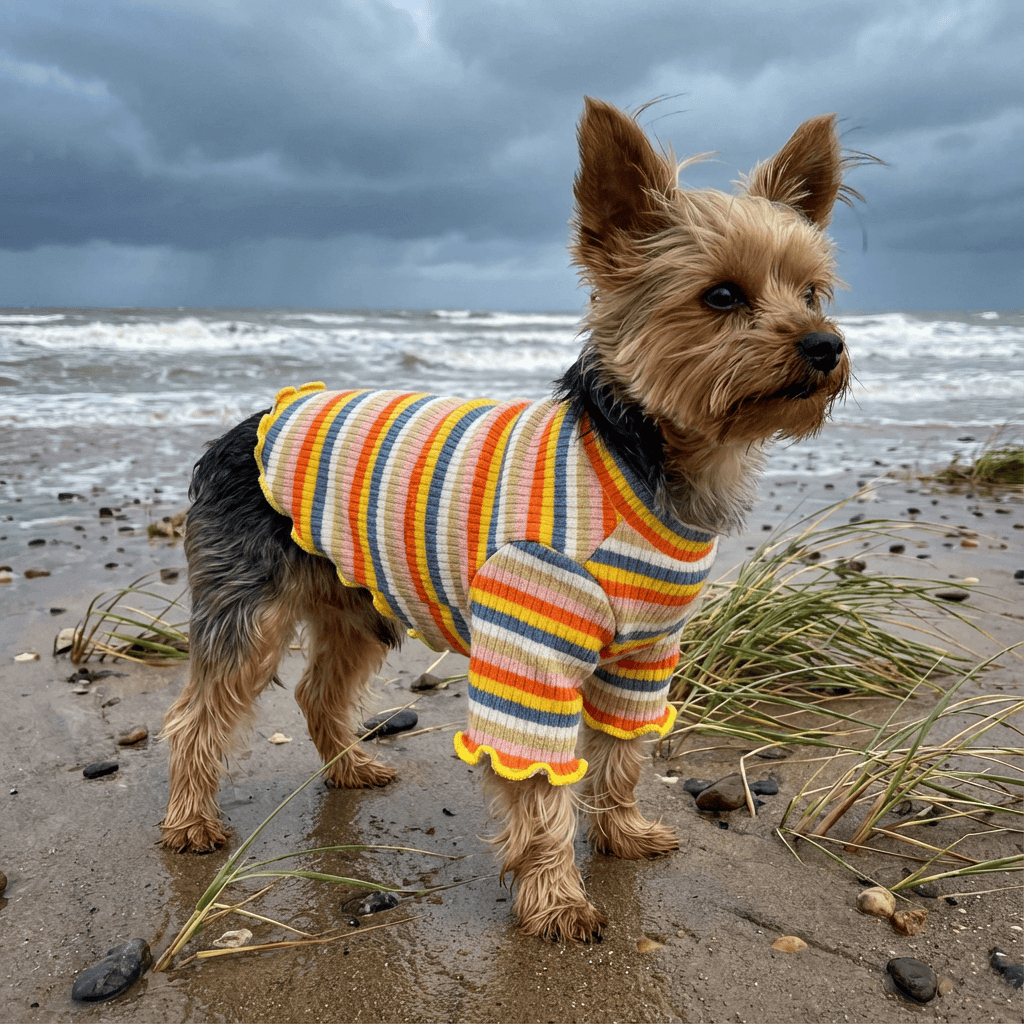Rainbow Knit Dog Sweater on a dog by the beach, showcasing vibrant colors and stylish design, perfect for dogs and cats.