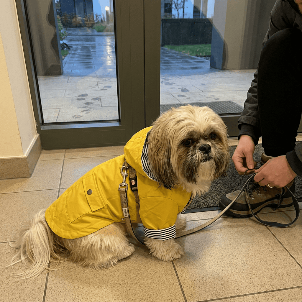 Raindrop Defender Dog Jacket worn by a dog, stylish yellow raincoat with hood, features adjustable fit, Dogs & Cats.
