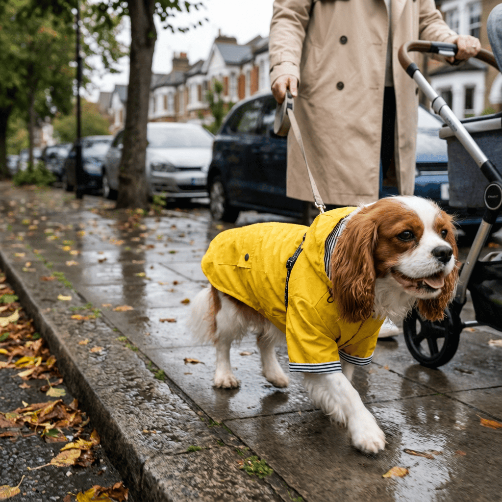Raindrop Defender Dog Jacket worn by a Cavalier King Charles Spaniel, keeping dry and stylish in the rain.