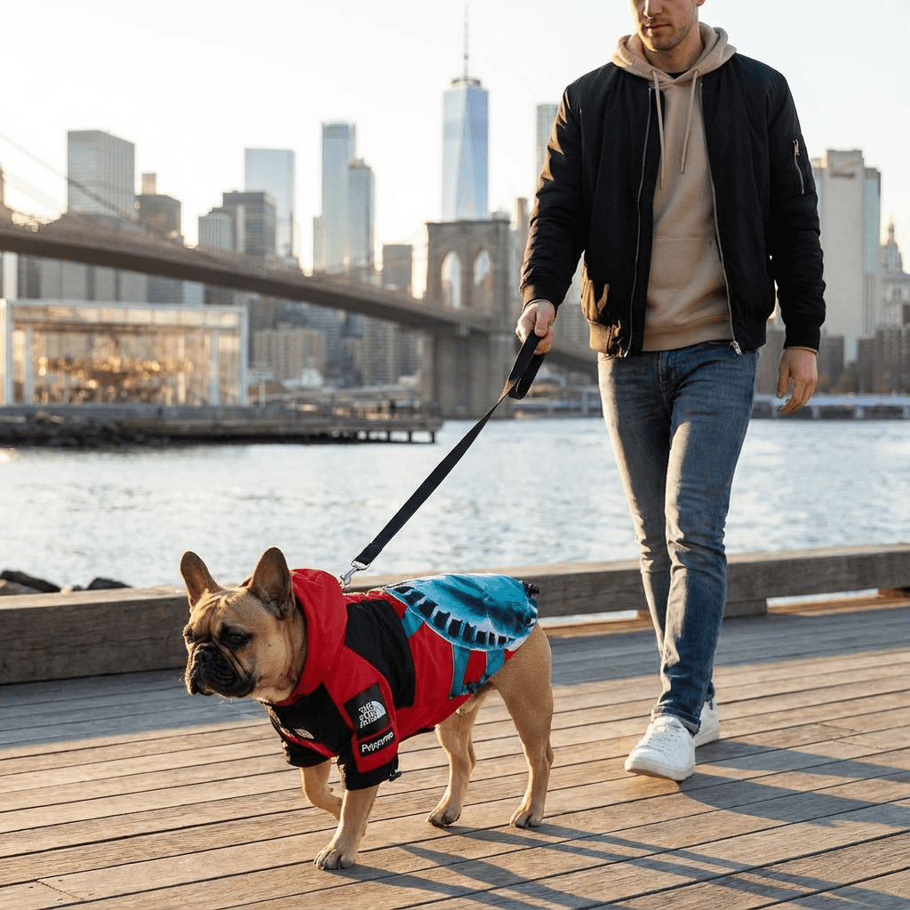 Dog wearing a RainPaw Statue Dog Slicker walking with owner by the waterfront in the city.