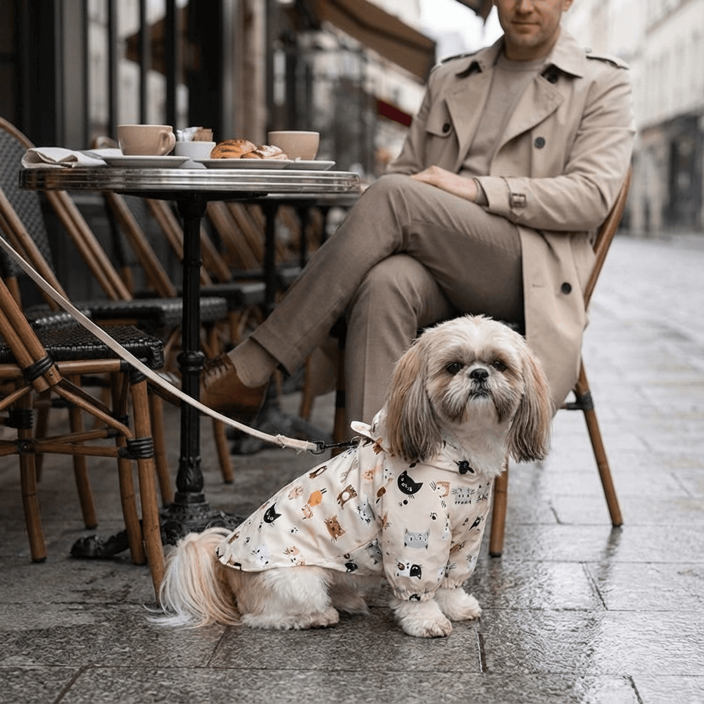RainShield Dog Jacket on a small dog outdoors, keeping it dry and stylish in the rain, perfect for dogs & cats.