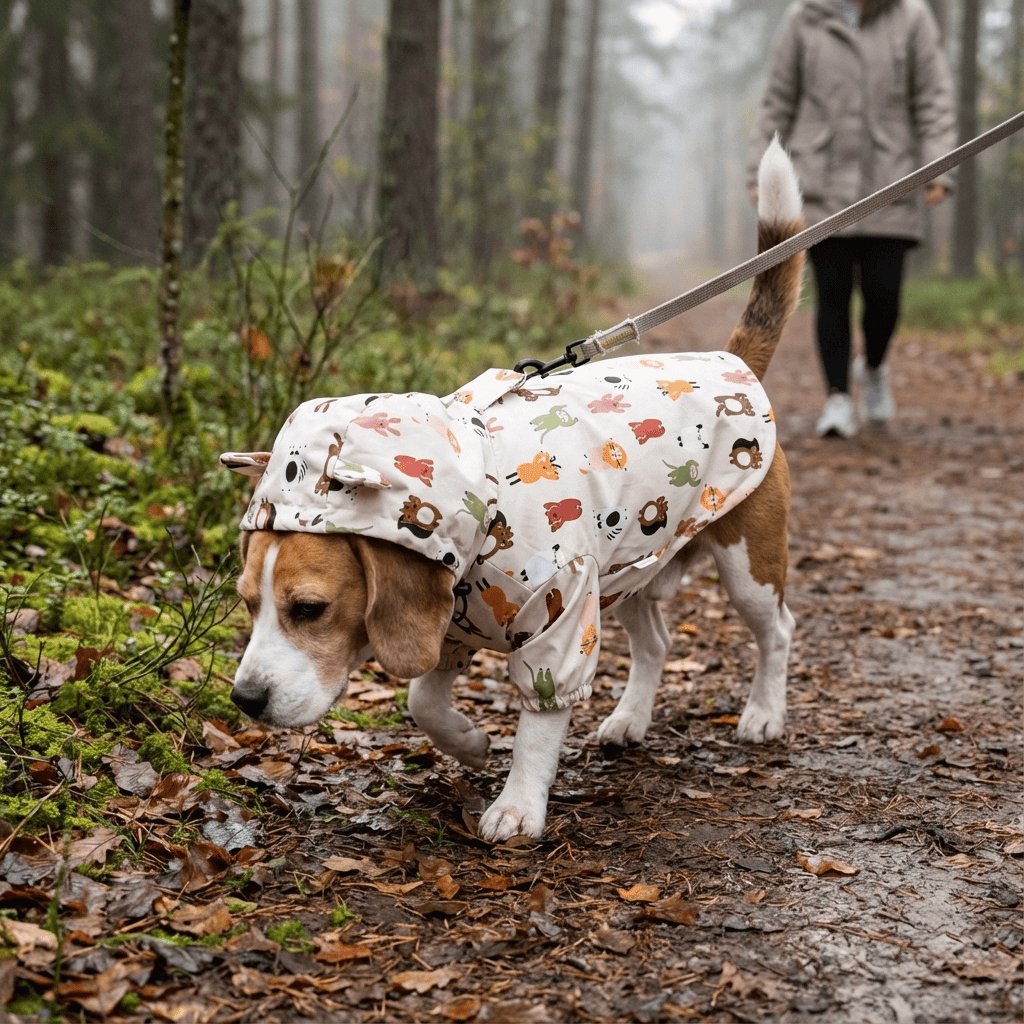 RainShield Dog Jacket on a Beagle, featuring waterproof design, lightweight protection for dogs, by Dogs & Cats.