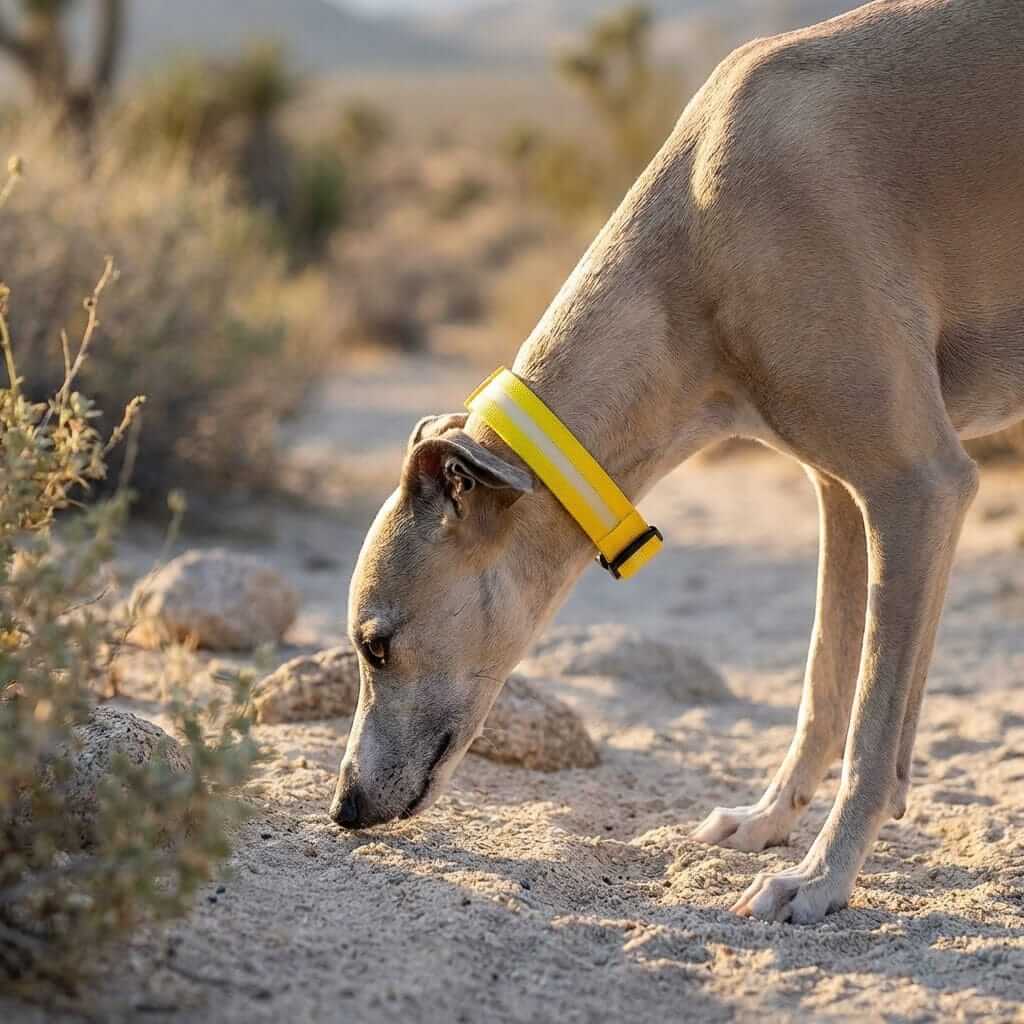 Rechargeable Flashing Light Collar for Dogs on a dog exploring outdoors in natural light.