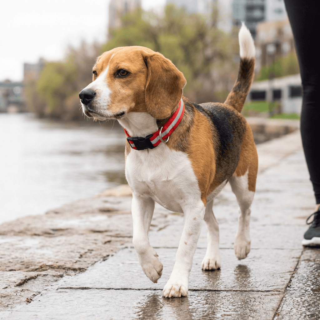 Rechargeable Flashing Light Collar for Dogs on a Beagle walking by the river, visible and safe during low light conditions.