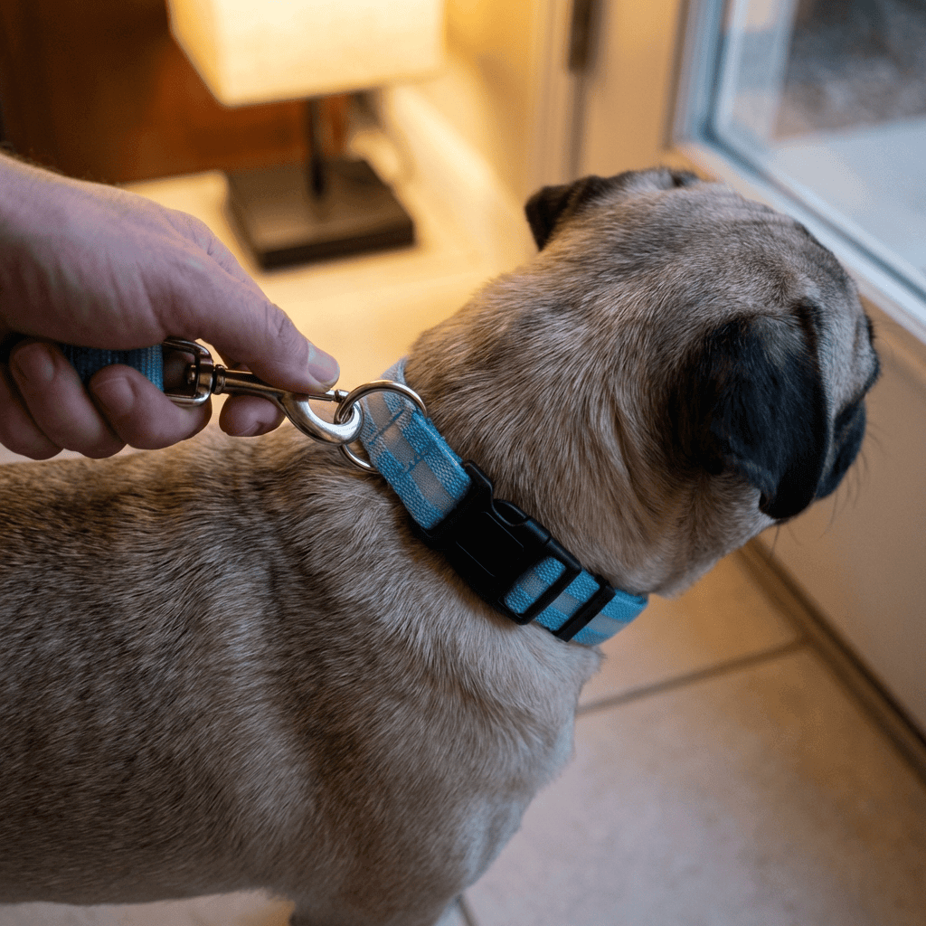 Rechargeable Flashing Light Collar for Dogs on a pet during indoor use, featuring LED safety and a durable metal buckle.