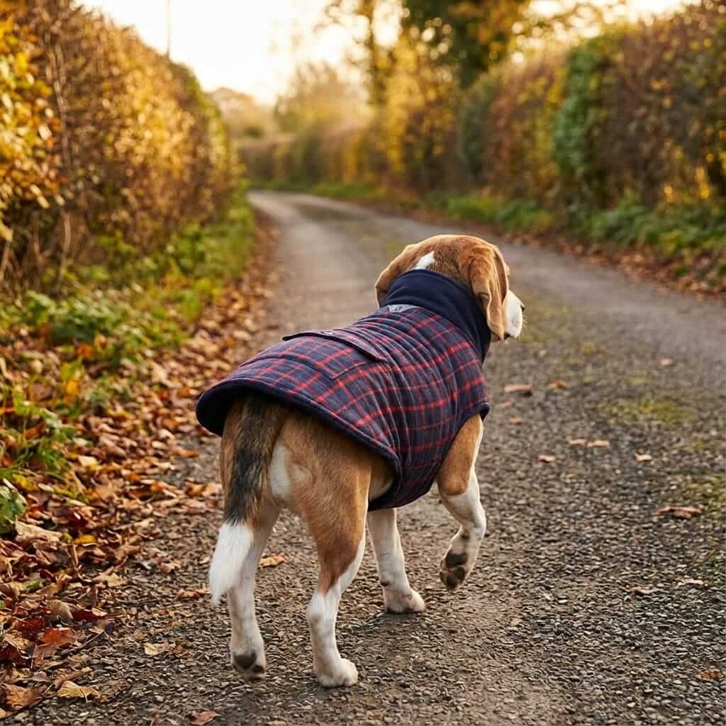 Reflective Charge Dog Winter Coat on a beagle walking down a leaf-covered path, showcasing its warmth and comfort.