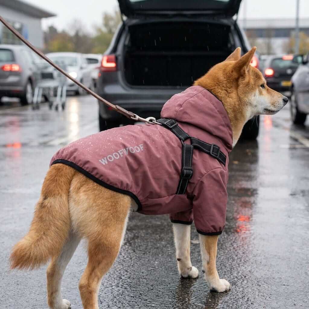 Reflective Dog Raincoat with Hood on a Shiba Inu in the rain, showcasing waterproof and reflective features.