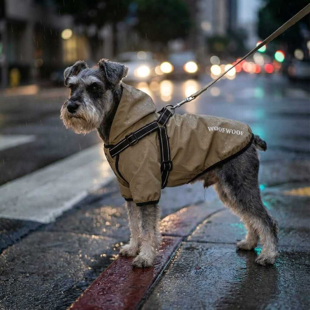 Reflective Dog Raincoat with Hood on a Schnauzer walking in the rain, showcasing its reflective design for safety.