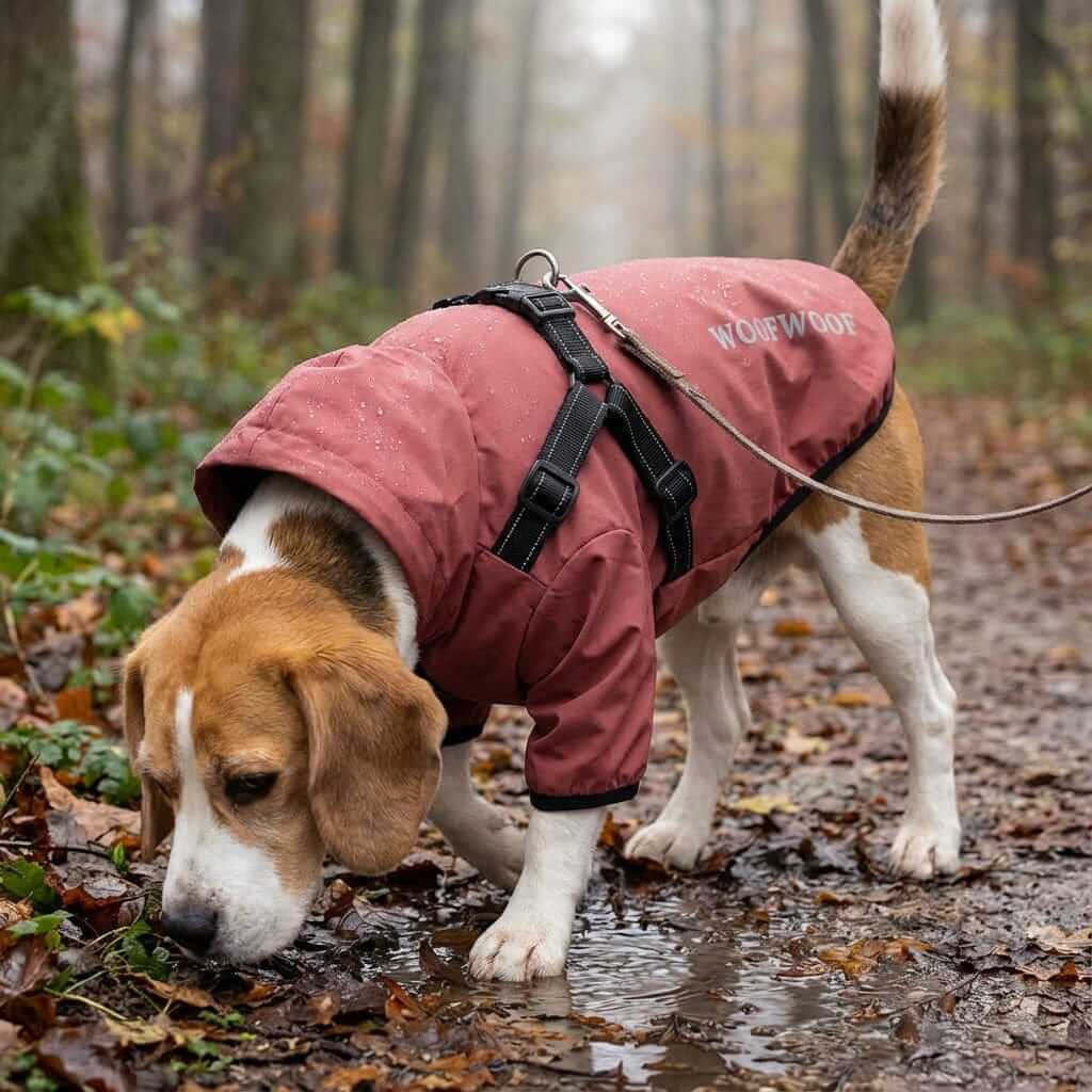 Reflective Dog Raincoat with Hood on a Beagle, designed for comfort and visibility in rainy weather.