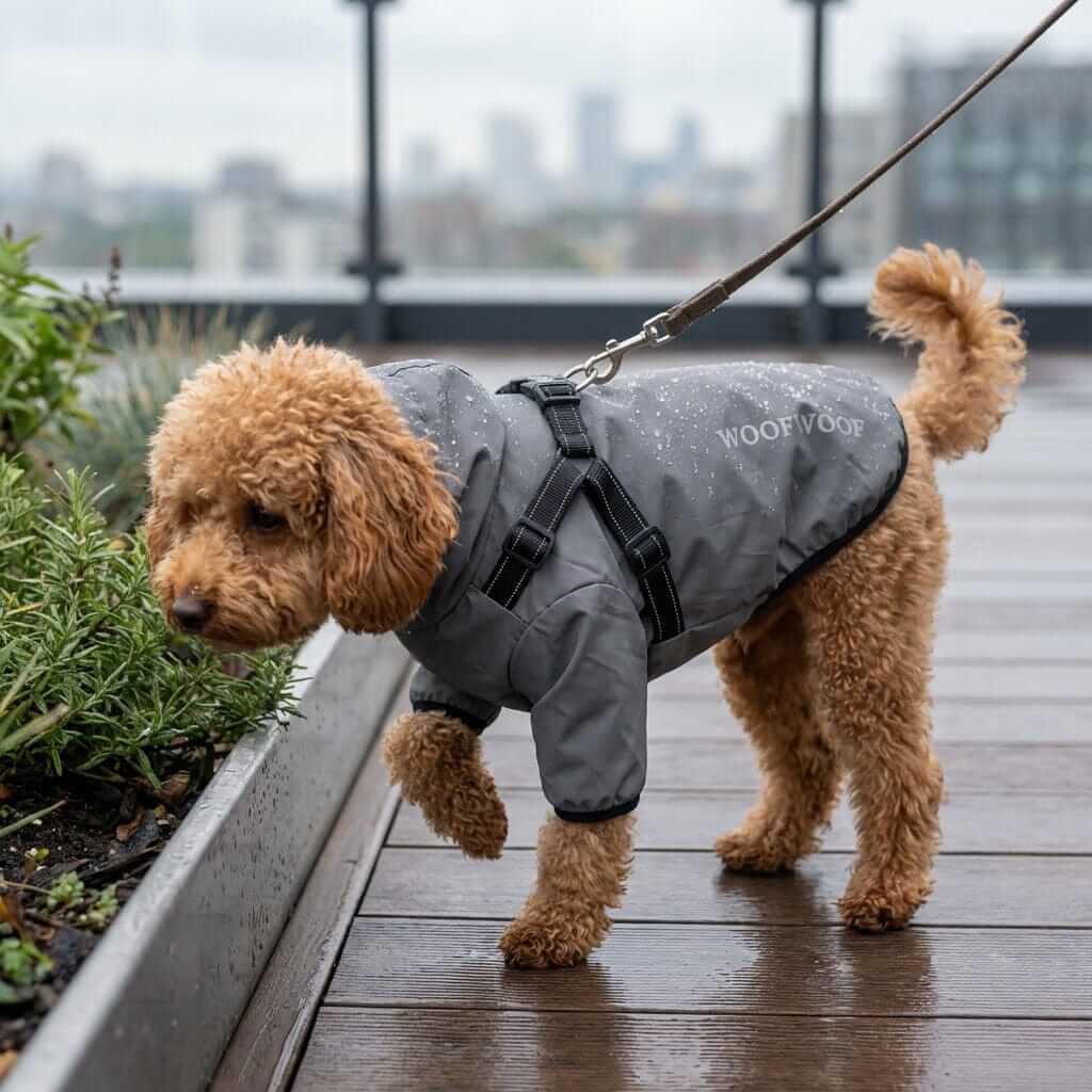 Reflective Dog Raincoat with Hood on a poodle, keeping pets dry and safe during rainy walks.