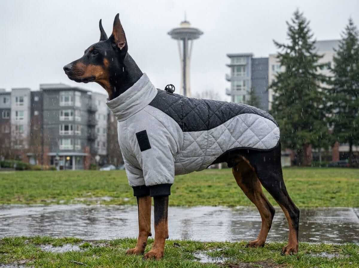 Reflective Dog Winter Jacket on a Doberman outdoors, showcasing warm cotton-padded design and reflective features for visibility.