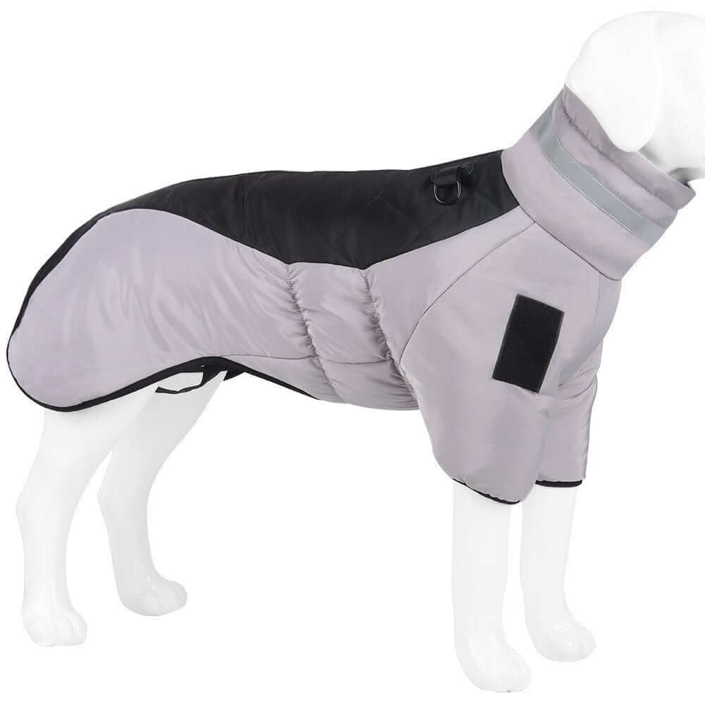 Reflective Dog Winter Jacket in gray and black, featuring high neck and reflective strips for warmth and safety.