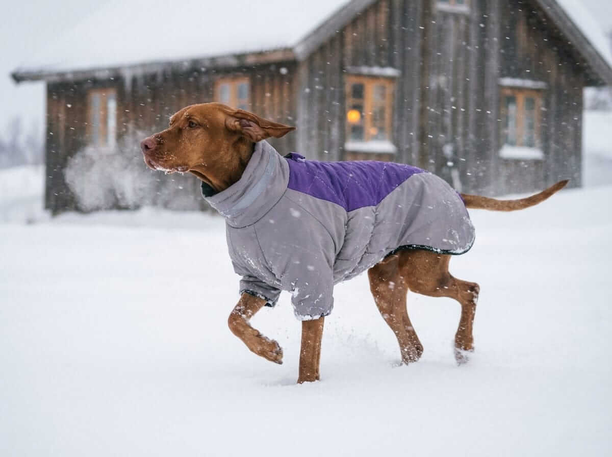 Reflective Dog Winter Jacket worn by a dog in gray and purple, showcasing warmth and visibility in snow.