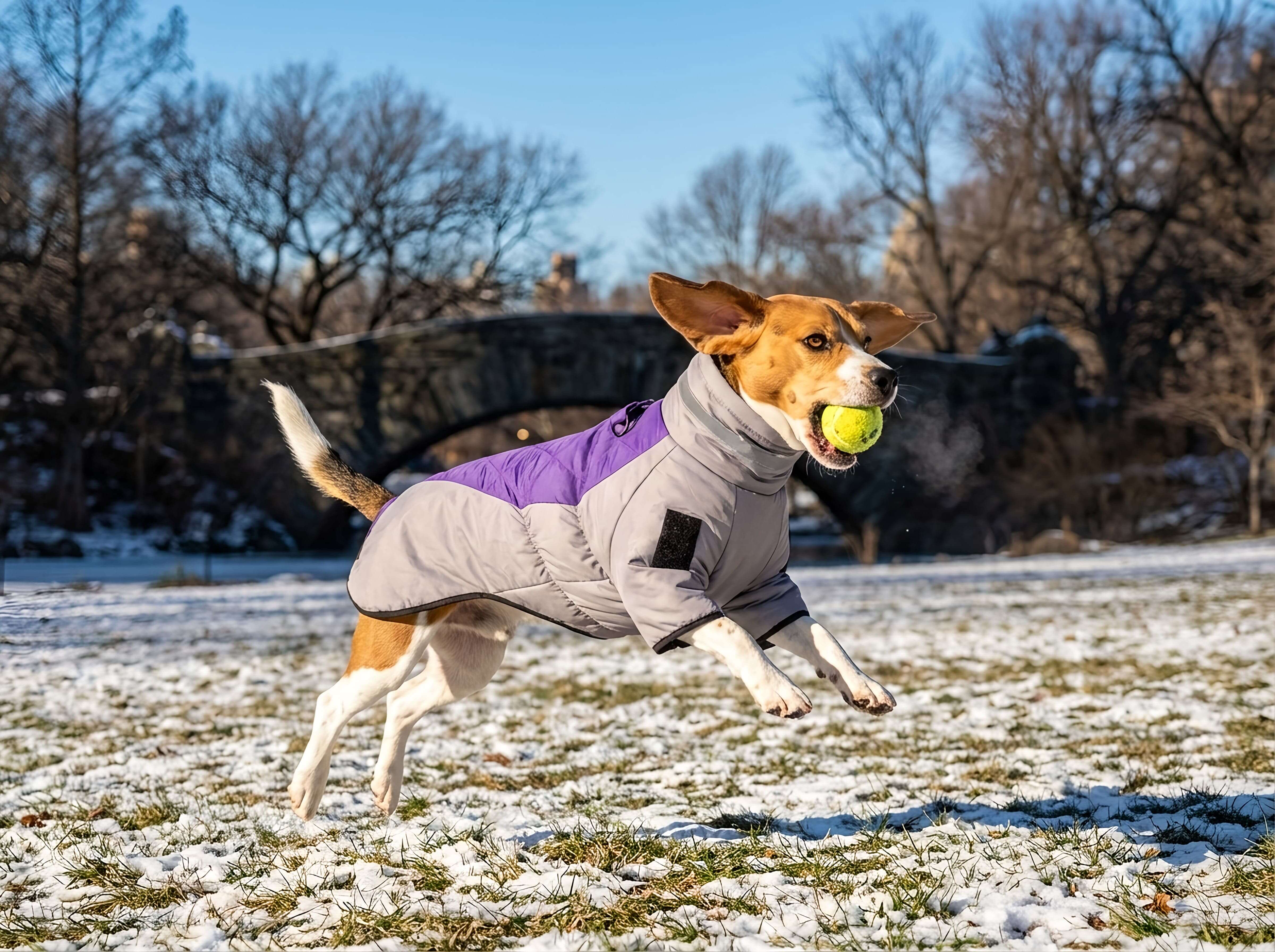 Reflective Dog Winter Jacket on a dog jumping in the snow with a tennis ball, offering warmth and visibility for dogs.