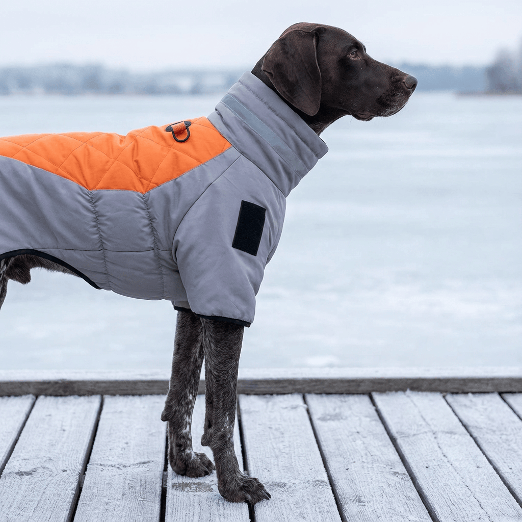 Reflective Dog Winter Jacket on medium dog, featuring high-neck, cotton padding and reflective strips for warmth and visibility.
