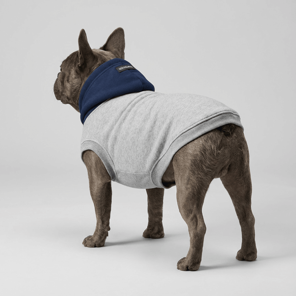 Reflective Letters Pet Sweater on a French Bulldog, stylish and visible with reflective features for dogs and cats.