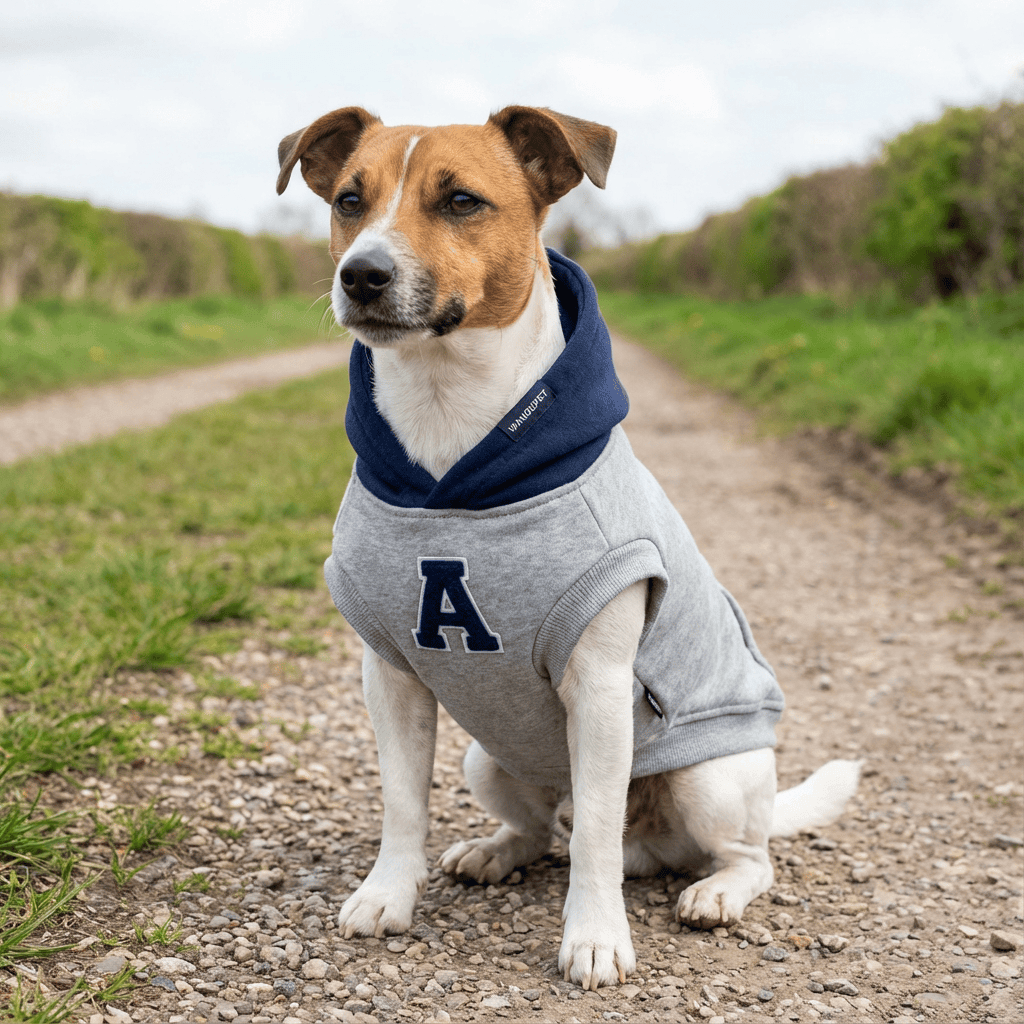 Reflective Letters Pet Sweater on a dog showcasing stylish and safe design for cats and dogs, ideal for evening visibility.