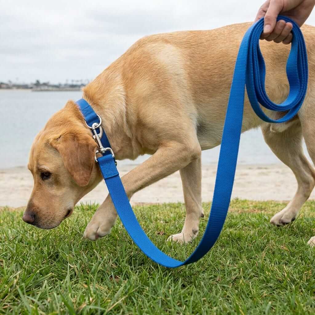 Reflective Nylon Dog Leash for Medium Sized Pets being used during a dog walk at the beach with a Labrador.