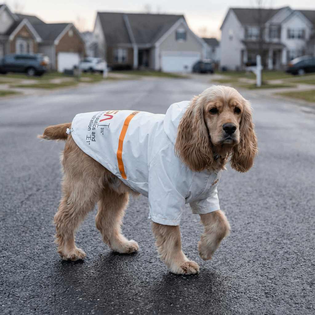 Reflective Space Pet Raincoat, stylish pet raincoat for dogs, features reflective design for safety and visibility.