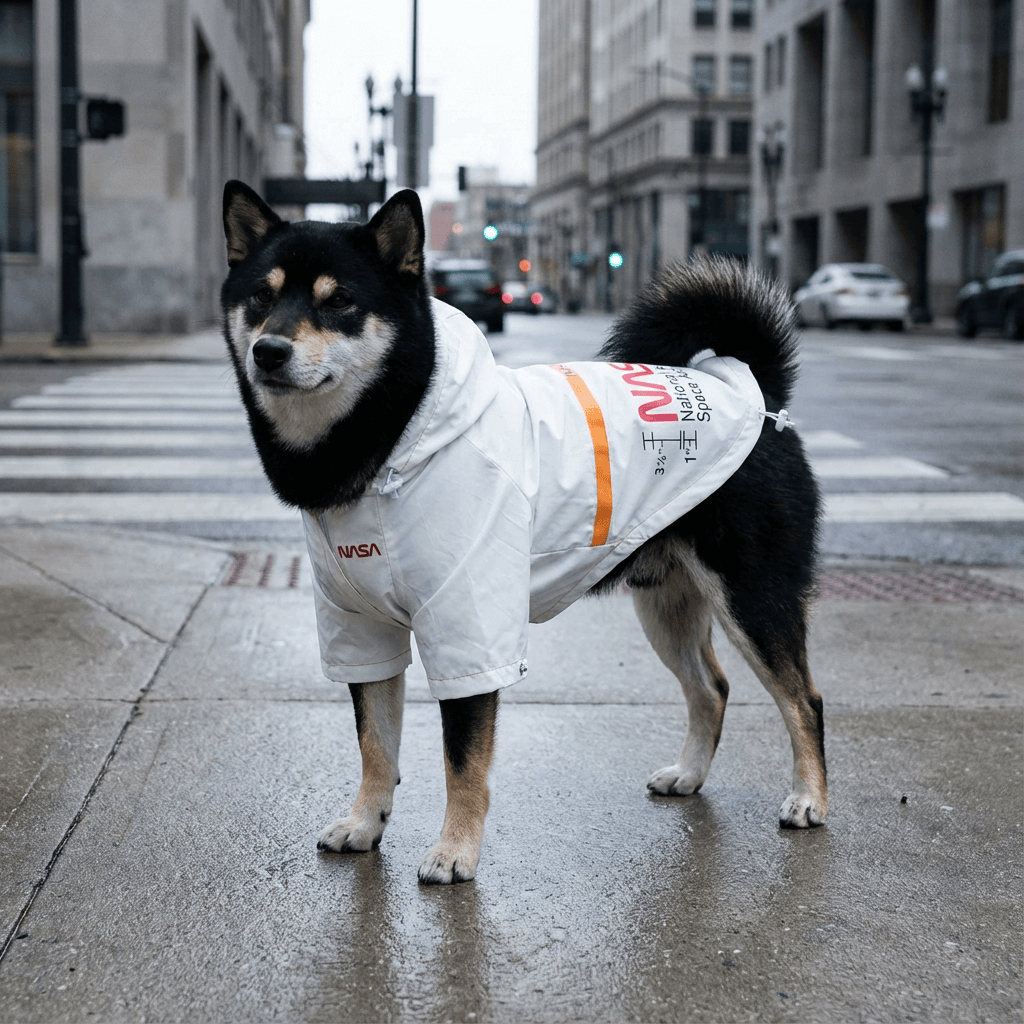 Shiba Inu wearing a Reflective Space Pet Raincoat, designed for dogs and cats, stylish, waterproof, and reflective for safety.