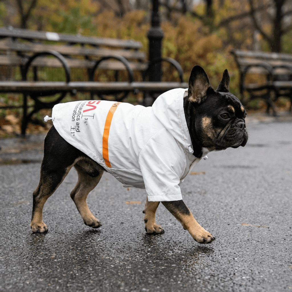 Reflective Space Pet Raincoat for dogs and cats, featuring reflective design and stylish space suit look.