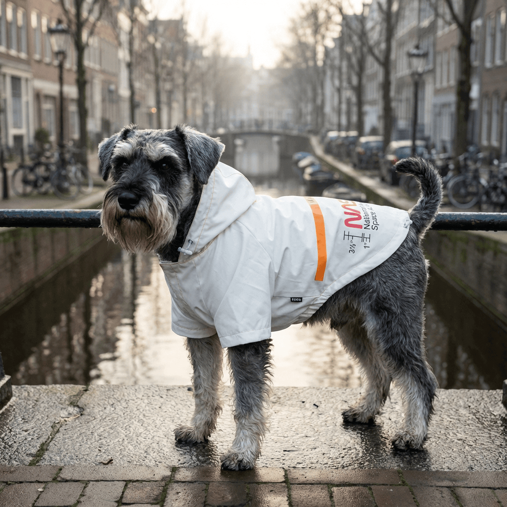 A stylish dog wearing a Reflective Space Pet Raincoat, designed for visibility and protection in wet weather.