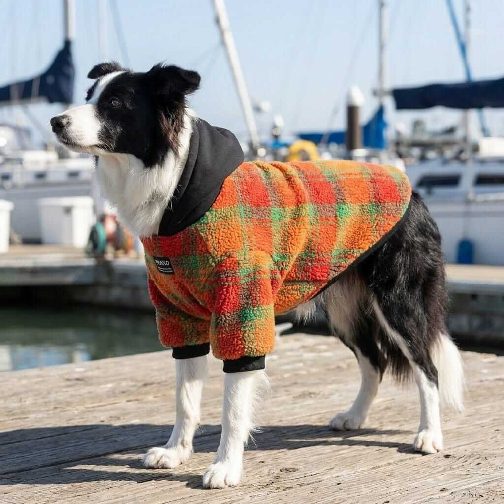 Regency Sherpa Dog Hoodie on a black and white dog by the marina, providing warmth and style for dogs.