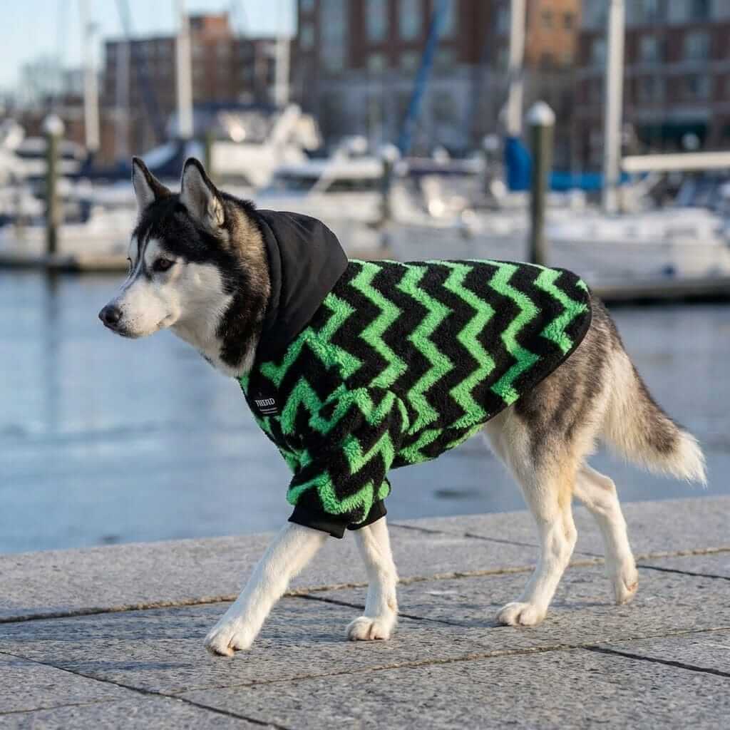 Regency Sherpa Dog Hoodie on a Siberian Husky, featuring green zigzag pattern, keeping the dog warm by the marina.
