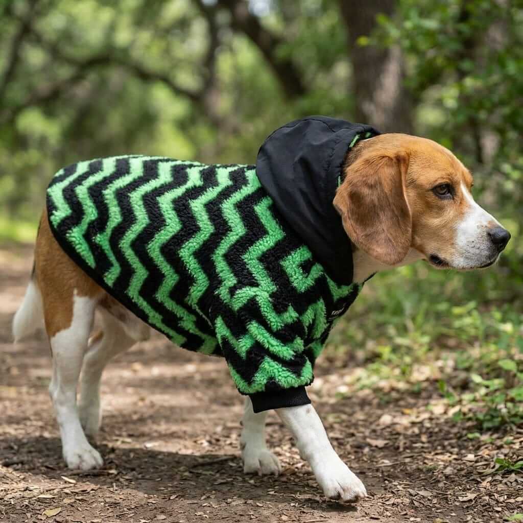 Regency Sherpa Dog Hoodie on a Beagle outdoors, featuring zigzag pattern, premium warmth for medium and large dogs.