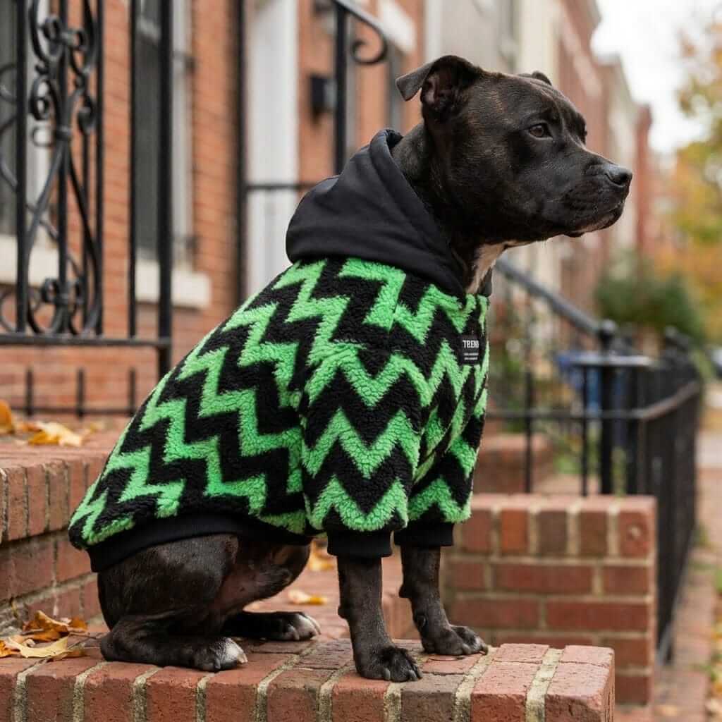 Regency Sherpa Dog Hoodie on a dog, featuring stylish design, warmth, comfort, by Dogs & Cats brand.