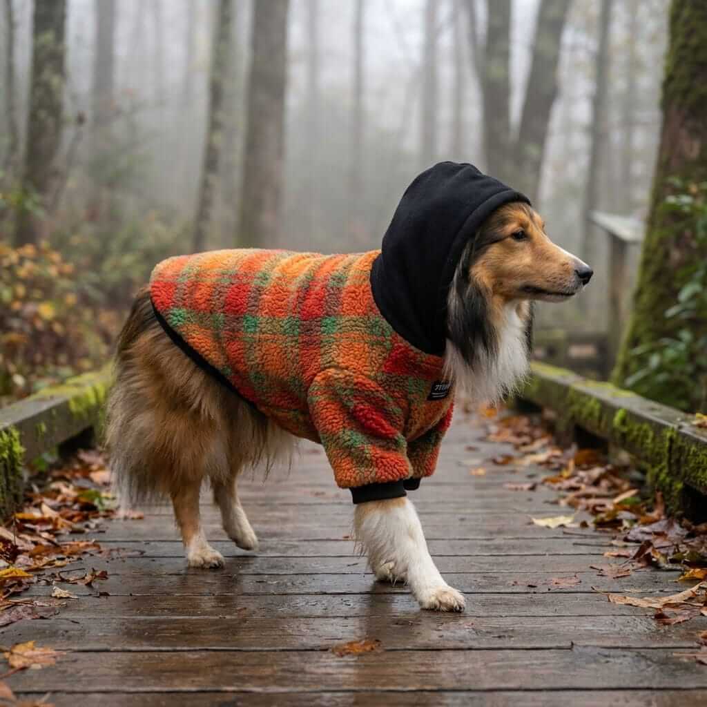 Regency Sherpa Dog Hoodie on a collie walking on a foggy forest path, showcasing warmth and style for dogs.