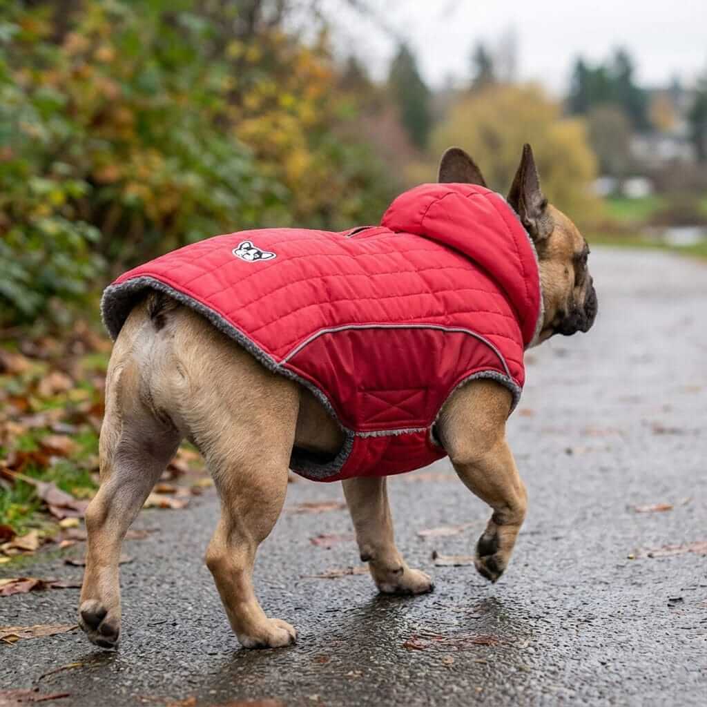 Removable Hood Dog Jacket on a French Bulldog, featuring soft sherpa lining and faux fur trim, designed for warmth.
