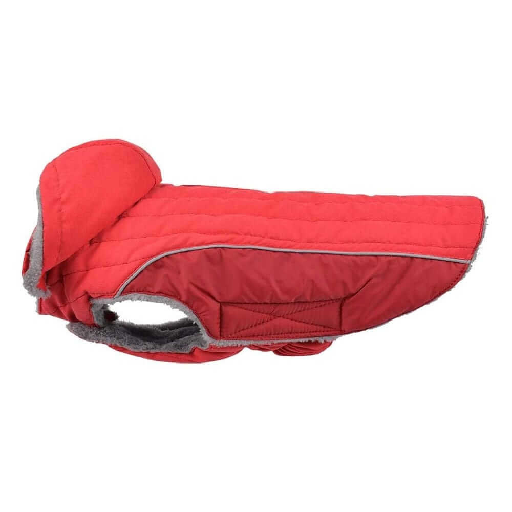 Removable Hood Dog Jacket in red with soft sherpa lining for Dogs & Cats, featuring water-resistant exterior.