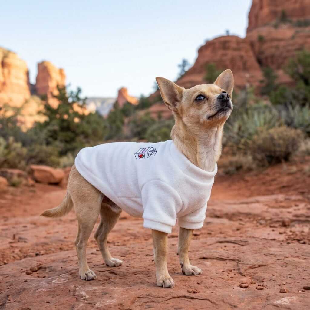 Dog wearing Restaurant Desires Dog Sweater, white, soft fabric, short sleeves, stylish for winter in a desert setting.