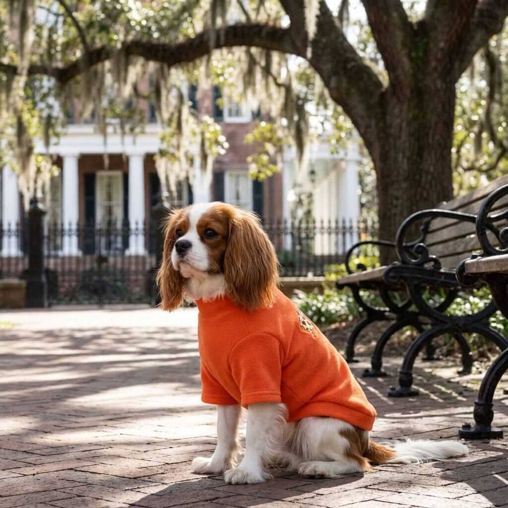Restaurant Desires Dog Sweater on a stylish dog in an orange sweater, showcasing its soft fabric and comfort.